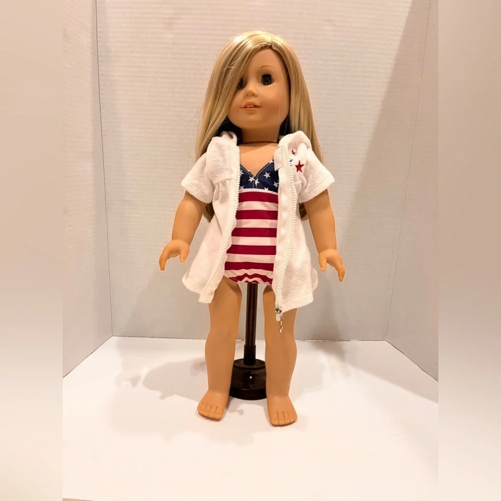 American flag swimsuit with matching cover-up for 18 inch dolls
